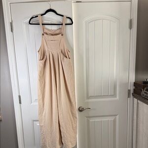 Beige Wide-Leg Cotton Overalls